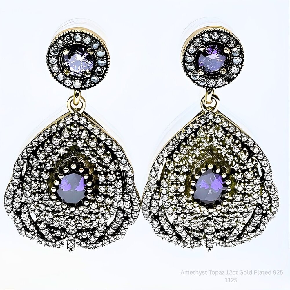 Handmade Jewelry Amethyst Topaz Drop Earrings 925 Gold Plated Statement Pair